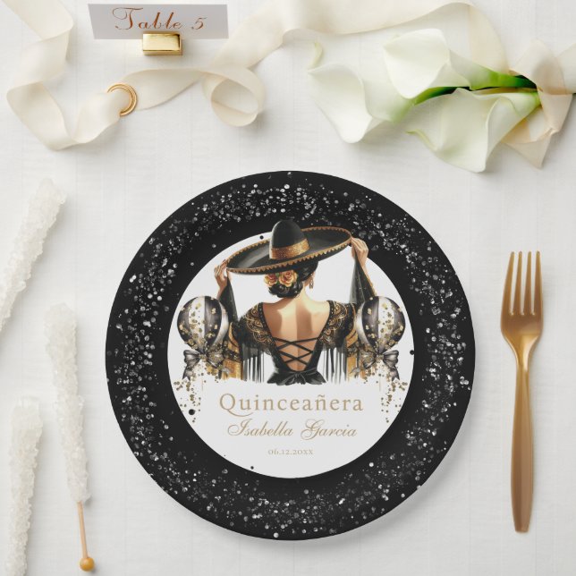 Assiettes En Carton Quinceañera Luxury Black Gold Personnalisé (Mariage)