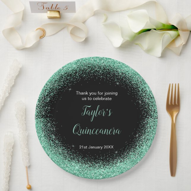 Assiettes En Carton Quinceanera Mint Green Faux Parties scintillant (Mariage)