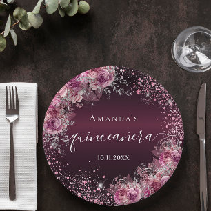 Assiettes En Carton Quinceanera parties scintillant rose bordeaux nom 
