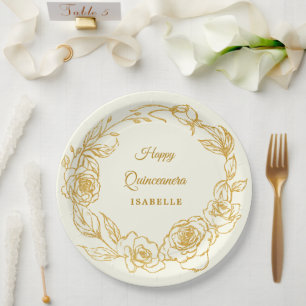 Assiettes En Carton Quinceanera Party Luxe Gold Rose Floral Ivoire