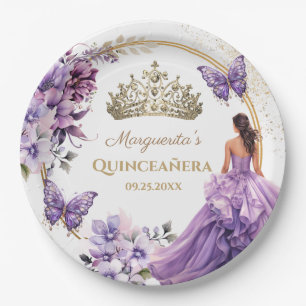 Assiettes En Carton Quinceañera Purple Floral Gold Tiara Butterfly