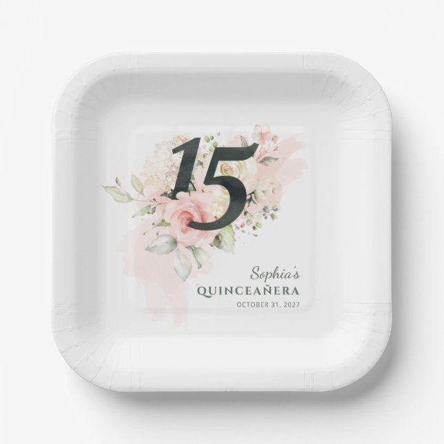 Assiettes En Carton Quinceanera Rose Floral Rustique 15e anniversaire (Recto)