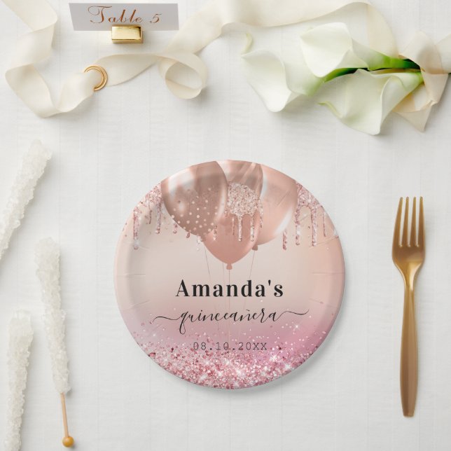 Assiettes En Carton Quinceanera rose or blush ballons nom (Mariage)