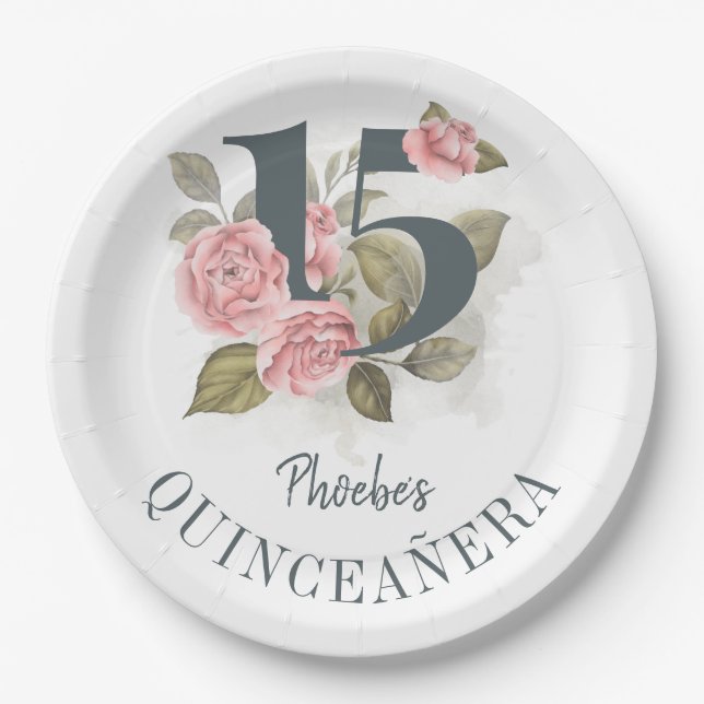 Assiettes En Carton Quinceanera Rustique 15e anniversaire Floral (Devant)