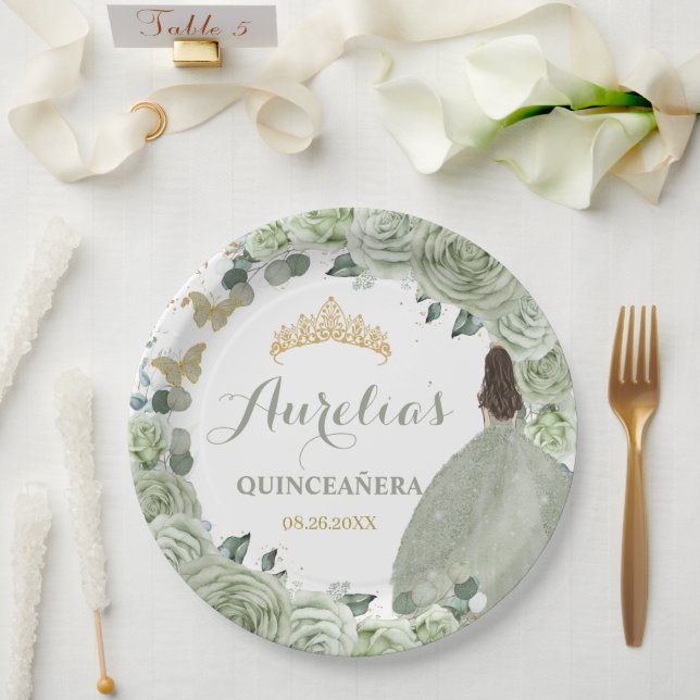 Assiettes En Carton Quinceañera Sage Green Floral Princess Papillons (Mariage)
