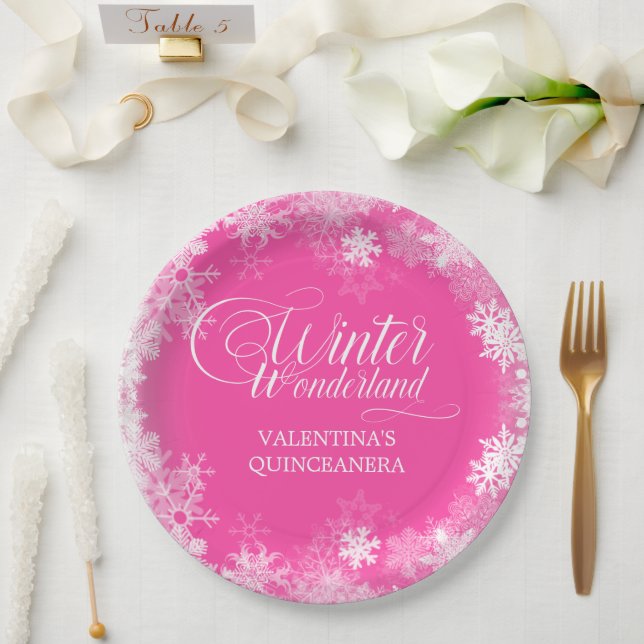 Assiettes En Carton Quinceanera Winter Wonderland Snowflake rose (Mariage)