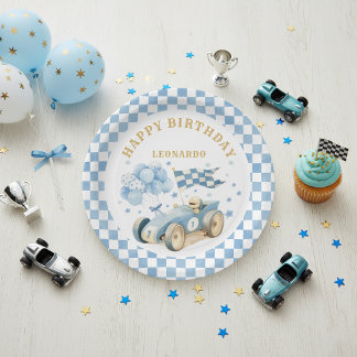 Assiettes En Carton Race Car Blue Watercolor Boy First Birthday 