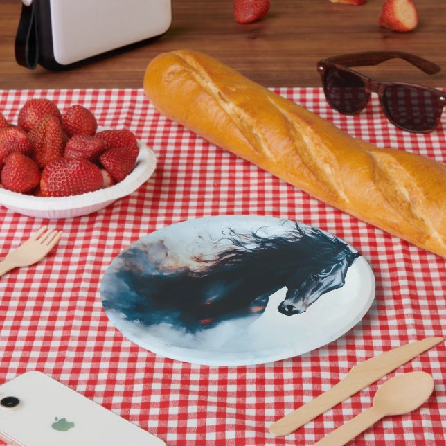 Assiettes En Carton  Racing Black Horse Portrait Minimalist (Pique-nique)