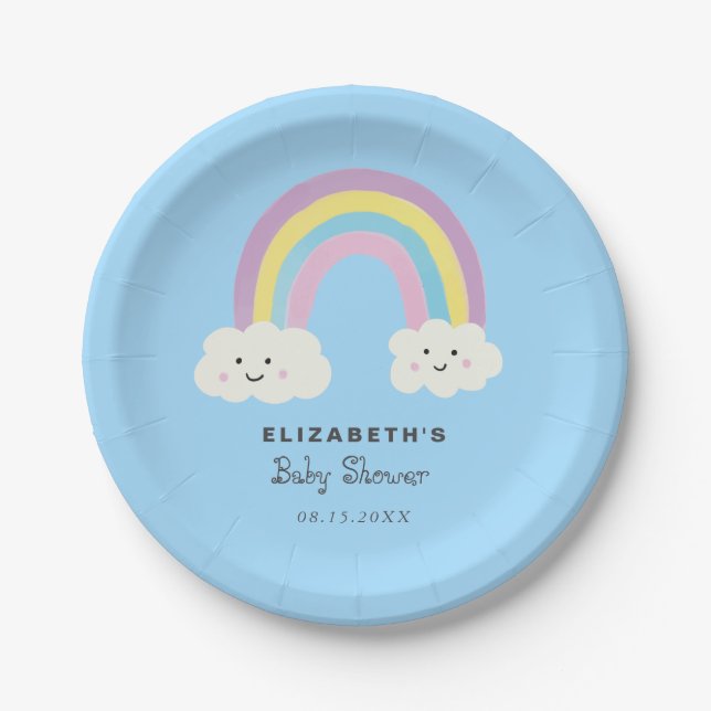 Assiettes En Carton Rainbow Baby shower Boy Cute Pastel Whimsical (Devant)