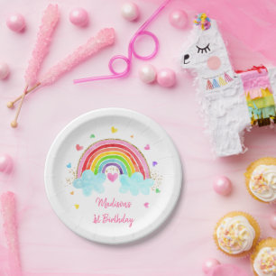 Assiettes En Carton Rainbow Cloud Hearts Or rose Anniversaire