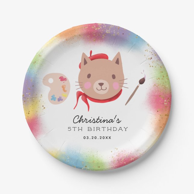 Assiettes En Carton Rainbow Painting Party Kitty Chat Anniversaire (Devant)