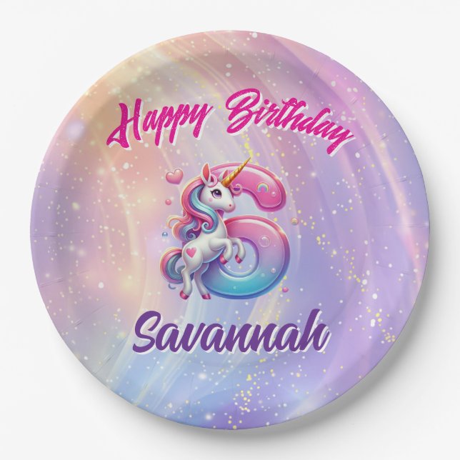 Assiettes En Carton Rainbow Unicorn 6e anniversaire (Devant)