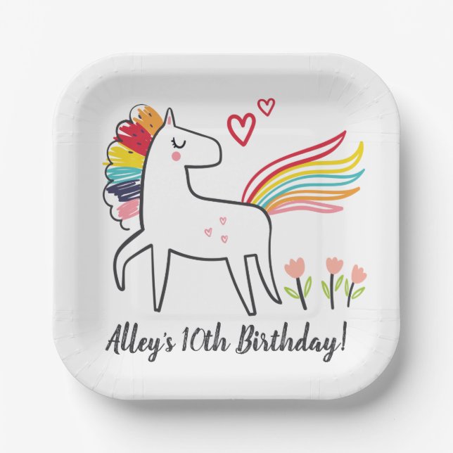 Assiettes En Carton Rainbow Unicorn Birthday Custom Name Stickers (Recto)