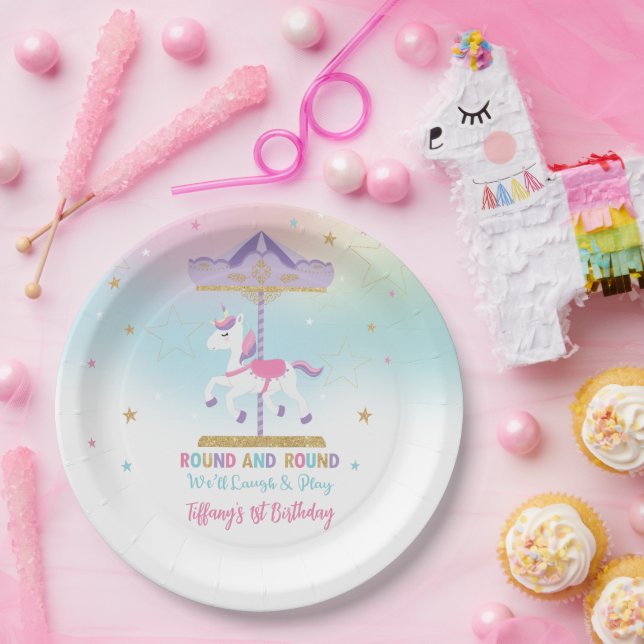 Assiettes En Carton Rainbow Unicorn Carousel 1er anniversaire Parties  (Fête)
