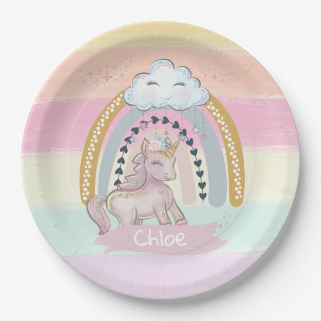 Assiettes En Carton 🦄 Rainbow Unicorn Girl Nom personnalisé     (Devant)
