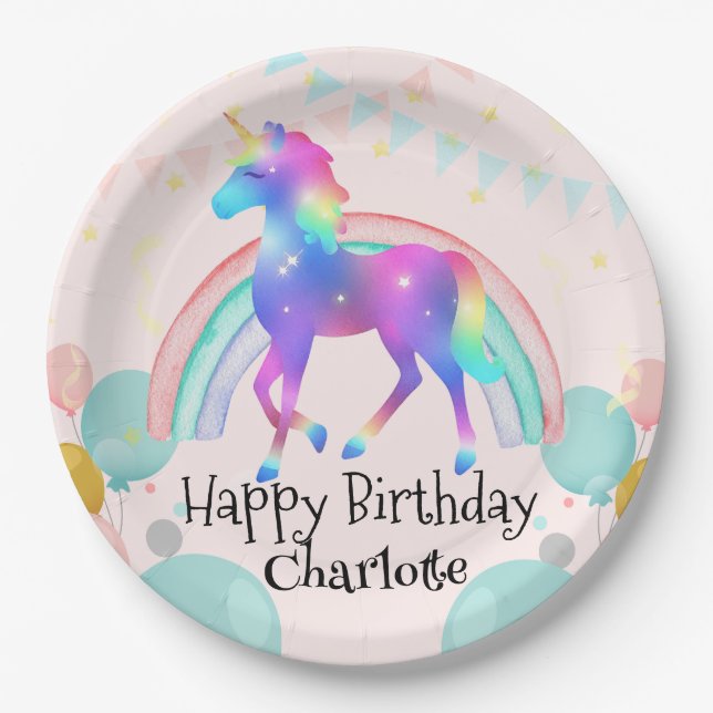 Assiettes En Carton Rainbow Unicorn princesse dégradé fête d'anniversa (Devant)