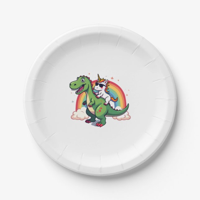 Assiettes En Carton Rainbow Unicorn Riding T rex - Dinosaur Boys Girls (Devant)