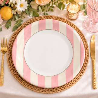 Assiettes En Carton Rayure de store à l'aquarelle rose et crème