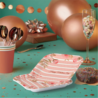 Assiettes En Carton Rayure fantaisie avec motif floral corail