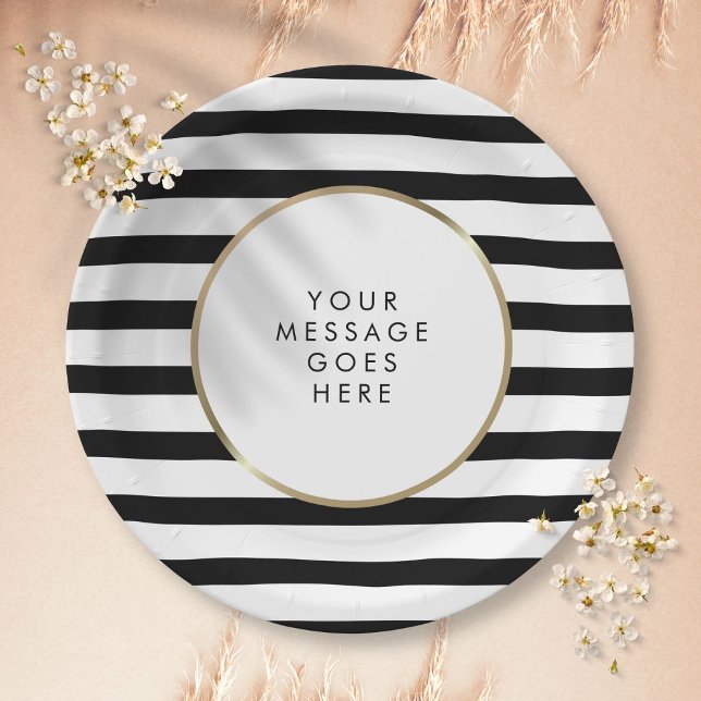 Assiettes En Carton Rayure noir et blanc personnalisée en or (Black and White Stripe Gold Personalized Paper Plates)