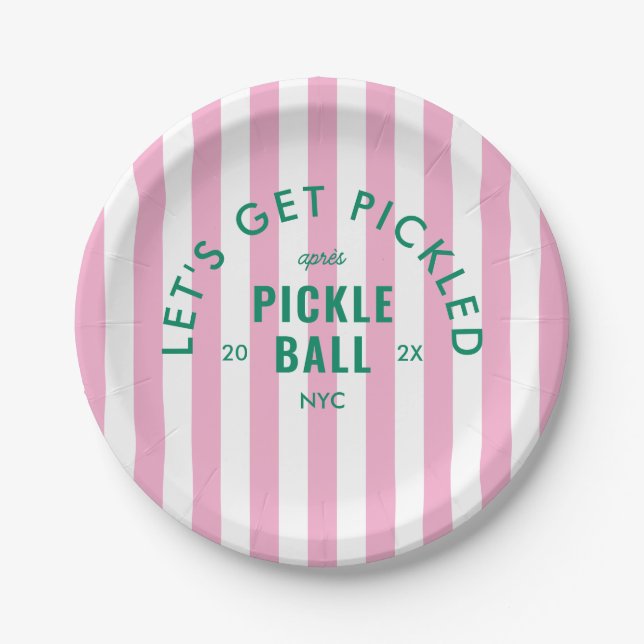 Assiettes En Carton Rayure rose Let's Get Pickled Après Pickleball  (Devant)