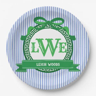 Assiettes En Carton Rayures Bleues Classiques Clé Grecque Monogramme C