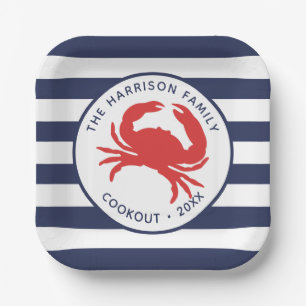Assiettes En Carton Rayures Bleues de Marine Nautiles Crabe Rouge