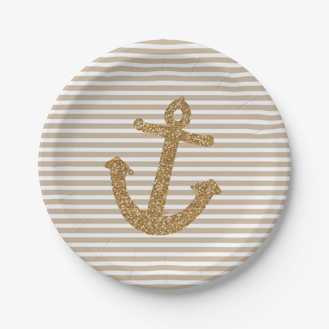 Assiettes En Carton Rayures d'Ancre de parties scintillantes d'or (Devant)
