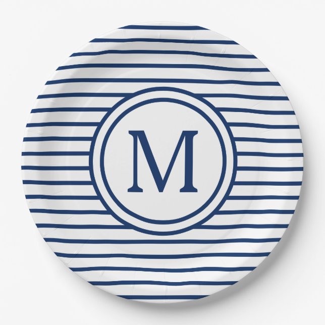 Assiettes En Carton Rayures de bleu marine sur le monogramme blanc (Devant)