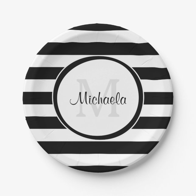 Assiettes En Carton Rayures de sucrerie et monogramme noirs snob de (Devant)