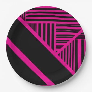 Assiettes En Carton Rayures de triangles en magenta et noir