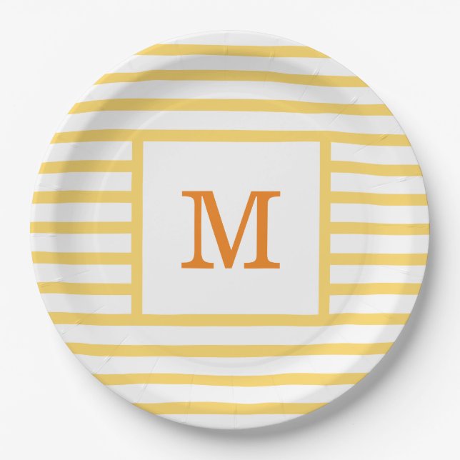 Assiettes En Carton Rayures jaunes et blanches Monogramme personnalisé (Devant)