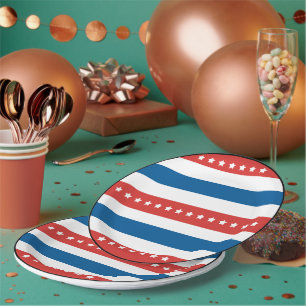 Assiettes En Carton Rayures rouges et bleues avec des étoiles blanches