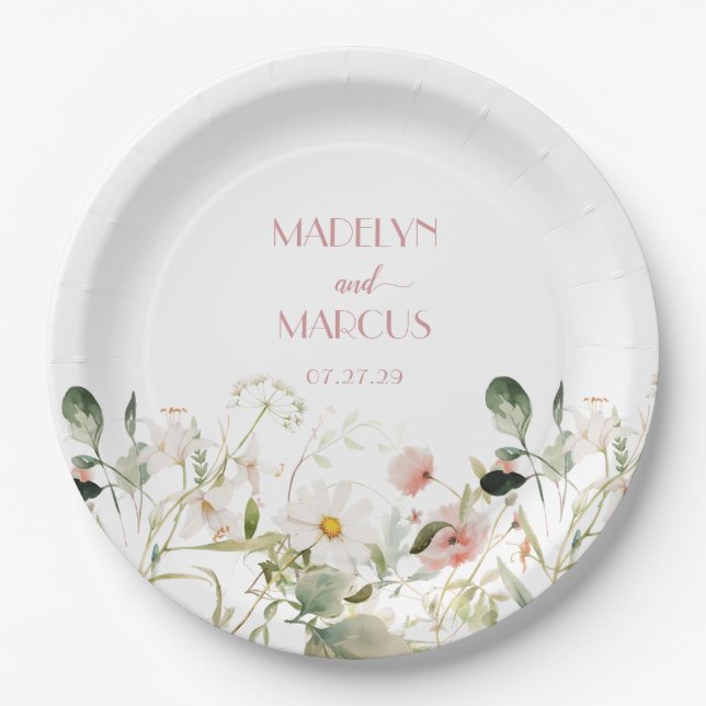 Assiettes En Carton Réception de mariage Fleur sauvage rose et blanc (Devant)