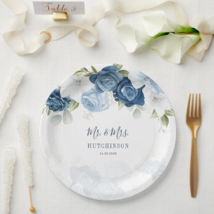 Assiettes En Carton Réception de mariage Floral Bleu Poussiéreux et Ve
