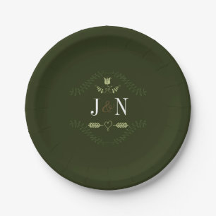 Assiettes En Carton Réception de mariage rustique verte en forêt Monog