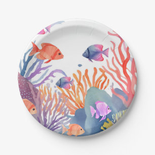 Assiettes En Carton Récif de corail Poisson coloré à l'aquarelle Océ
