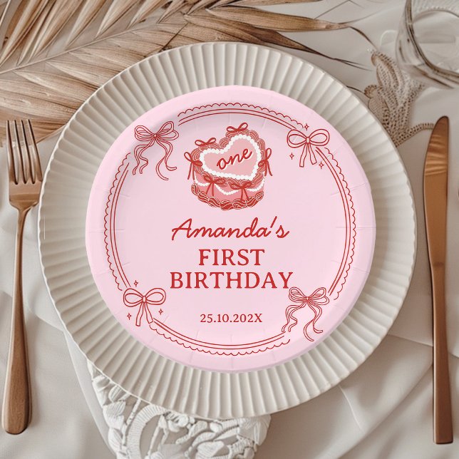 Assiettes En Carton Red and Pink Bow Cake Girls Birthday (Créateur téléchargé)