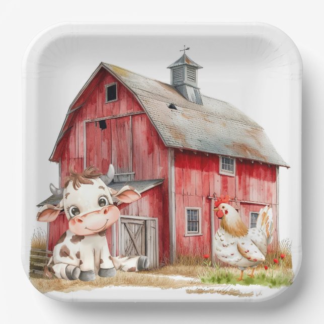 Assiettes En Carton Red Barn Cute Cow and Chicken Boy Anniversaire Par (Recto)