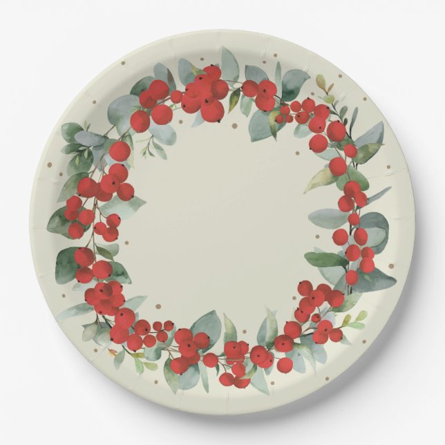 Assiettes En Carton Red Berry Noël Wreath Fête (Devant)