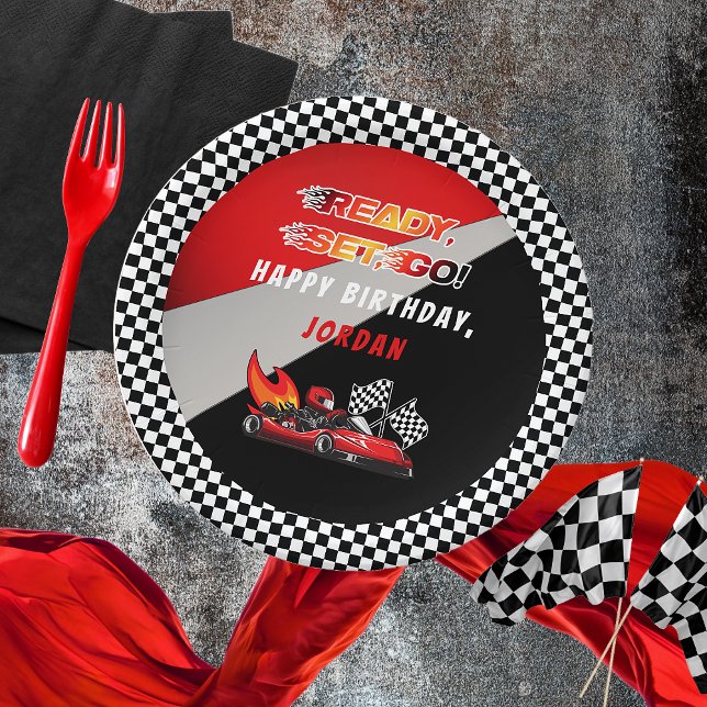 Assiettes En Carton Red | Black Go Kart Racing Anniversaire (Red and Black Go Kart Racing Kid's Birthday Party "Ready, Set, Go!" Paper plates)