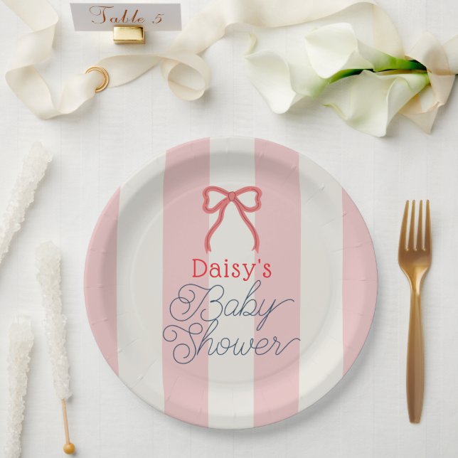 Assiettes En Carton Red Bow & Pink Stripes Baby Shower (Mariage)