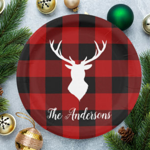Assiettes En Carton Red Buffalo Plaid & White Deer   Nom personnel