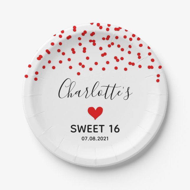 Assiettes En Carton Red Confetti Sweet 16 Anniversaire (Devant)