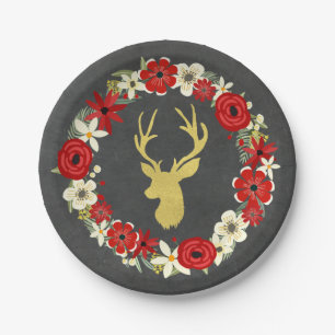 Assiettes En Carton Red Floral Wreath Gold Deer Chalkboard Noël