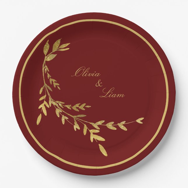 Assiettes En Carton Red Gold Leaf Elegant Nom Mariage de script (Devant)