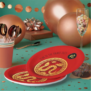 Assiettes En Carton Red Golden Snake Papercut Chinois Nouvel An 2025 P