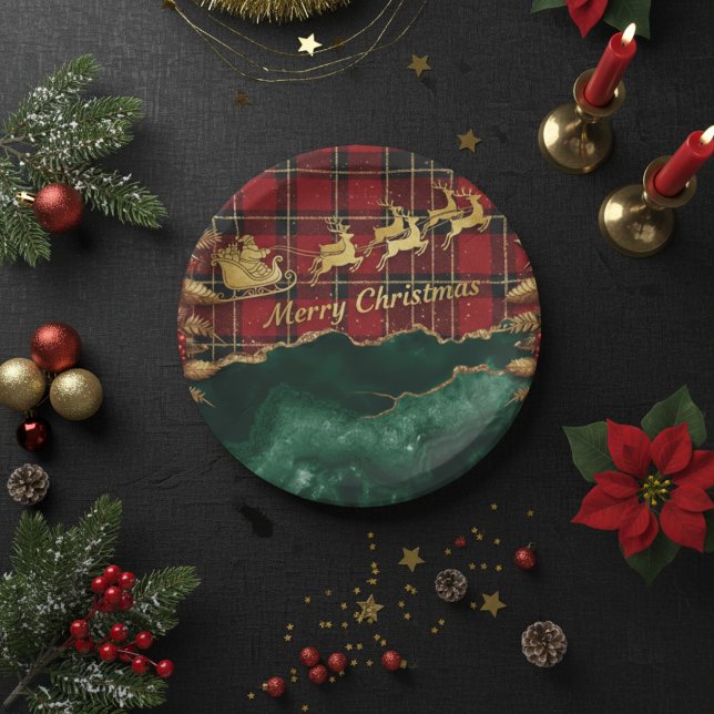 Assiettes En Carton Red Green Plaid Santa Sleigh Merry Christmas (Créateur téléchargé)