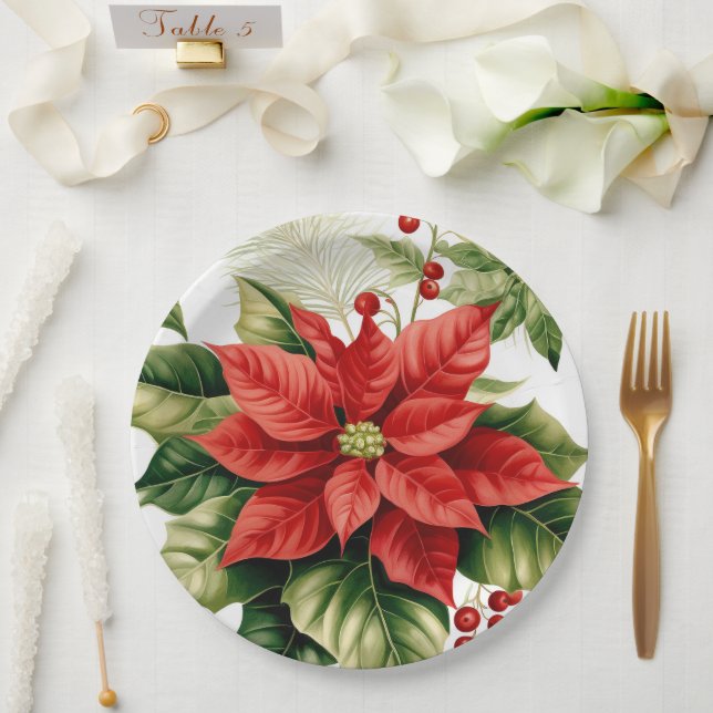 Assiettes En Carton Red Green Poinsettia Holly Berry Noël (Mariage)