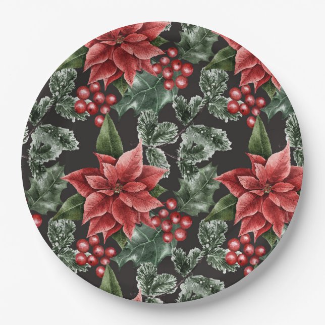 Assiettes En Carton Red Holly Berries Poinsettia Noël vert (Devant)